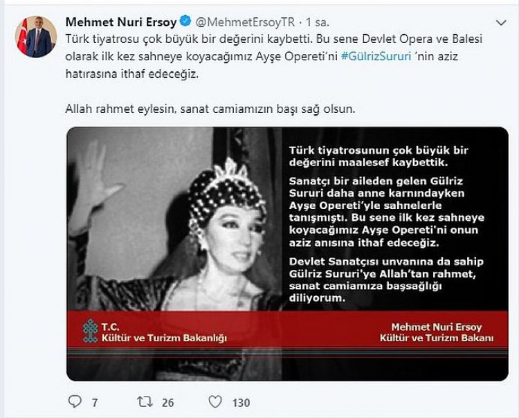 BAKAN ERSOY'DAN TAZİYE MESAJI